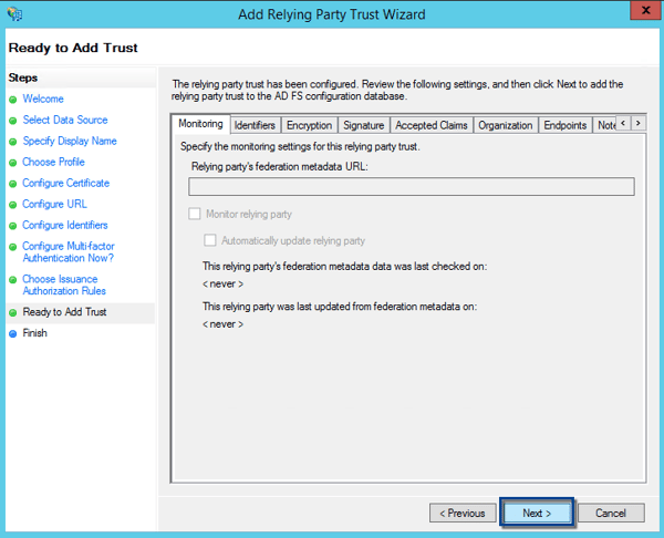 ADFS Ready to add trust