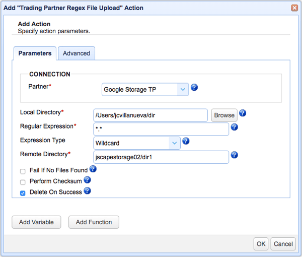 trading partner regex file upload parameters